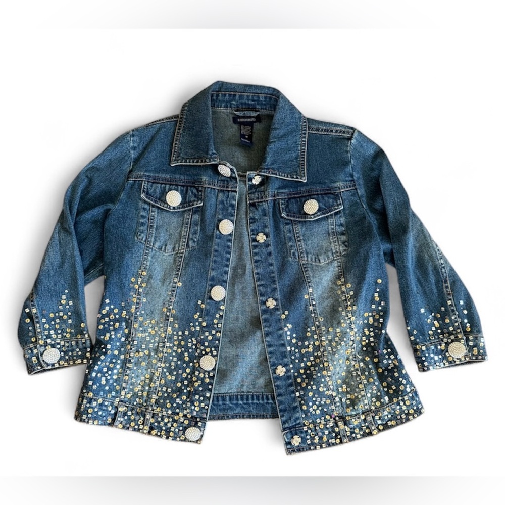 Boston Proper Embellished denim jacket size M Preppy Mature Sequin Office